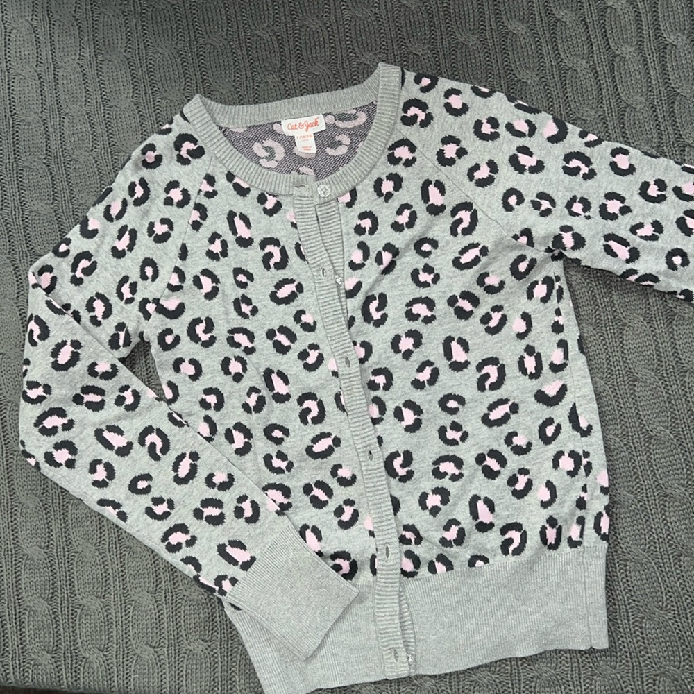 Girls cardigan, gray pink black, cheetah, buttons are clear